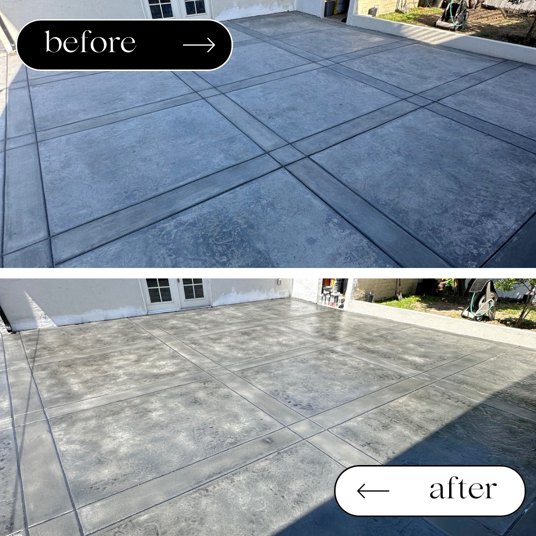 Stamped Concrete Revival in Manhattan Beach, CA – Modern Dark Grey Stain & High-Gloss Sealer | Exterior Cleanse